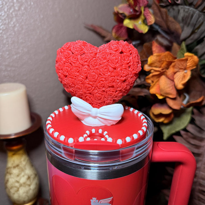 Valentine Rose Heart Tumbler Topper, Red White Pink, for 20 30 40 oz Stanley Quencher, 3D Decorative Lid minimalist unique gift