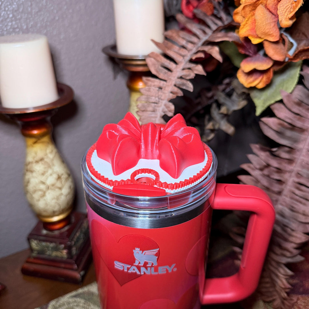 Valentine Ribbon Bow Tumbler Topper, Red White Pink, for 20 30 40 oz Stanley Quencher, 3D Decorative Lid minimalist unique gift