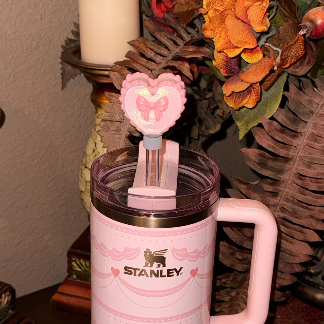 Pink Velvet Valentine Cake Heart Tumbler Lid Toppers, Straw Topper Slider Buddy, fits 20 30 or 40 oz Stanley