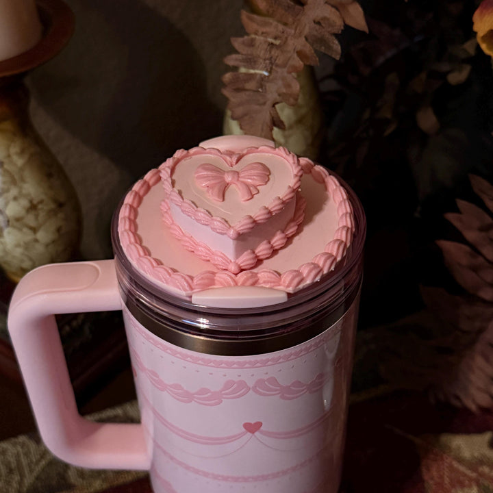 Pink Velvet Valentine Cake Heart Tumbler Lid Toppers, Straw Topper Slider Buddy, fits 20 30 or 40 oz Stanley