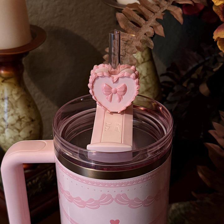 Pink Velvet Valentine Cake Heart Tumbler Lid Toppers, Straw Topper Slider Buddy, fits 20 30 or 40 oz Stanley