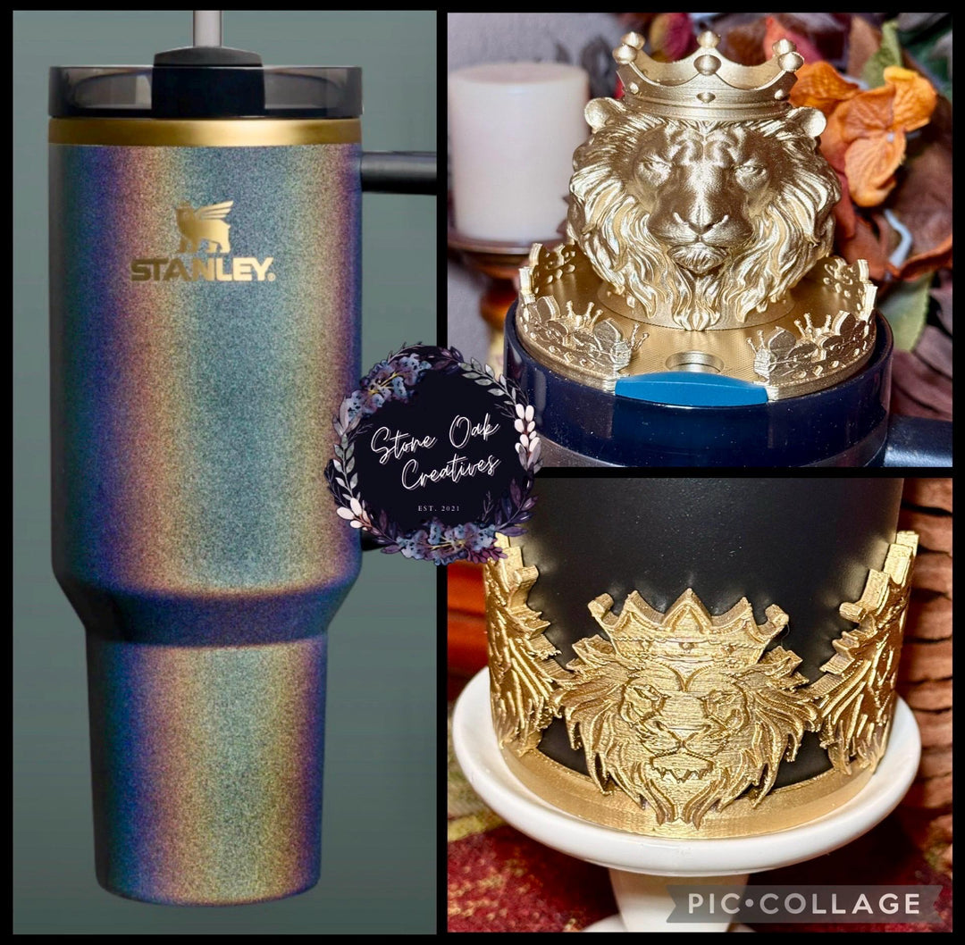 Gold Lion Face Tumbler Lid Topper, Boot or straw topper, fits your 20/30 oz 40 oz Stanley Tumblers, Unique Gift