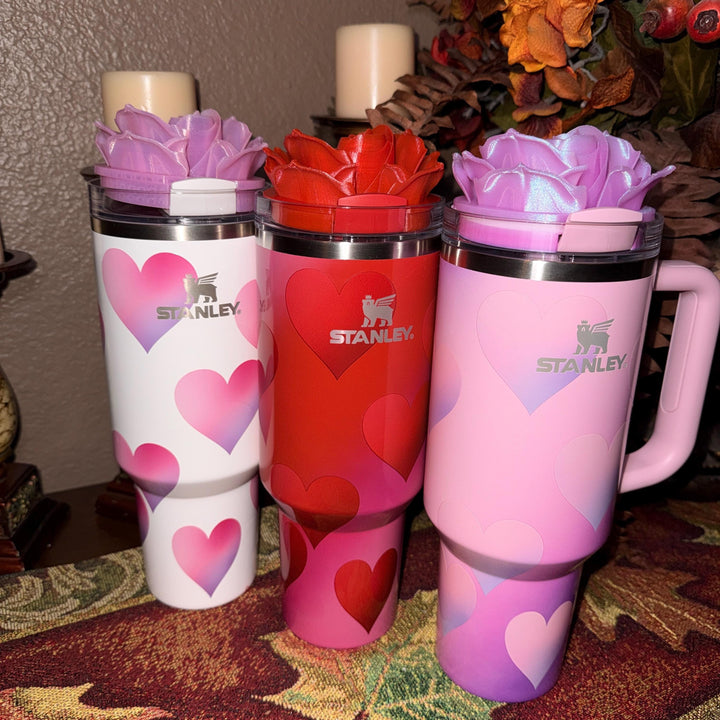 Valentine Rose Heart Tumbler Topper, Red White Pink, for 20 30 40 oz Stanley Quencher, 3D Decorative Lid minimalist unique gift