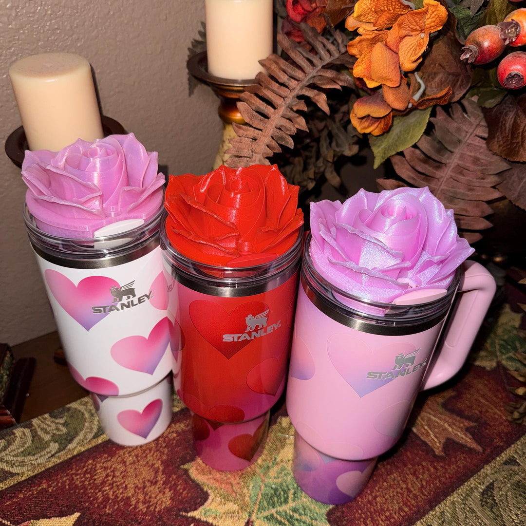 Valentine Rose Heart Tumbler Topper, Red White Pink, for 20 30 40 oz Stanley Quencher, 3D Decorative Lid minimalist unique gift