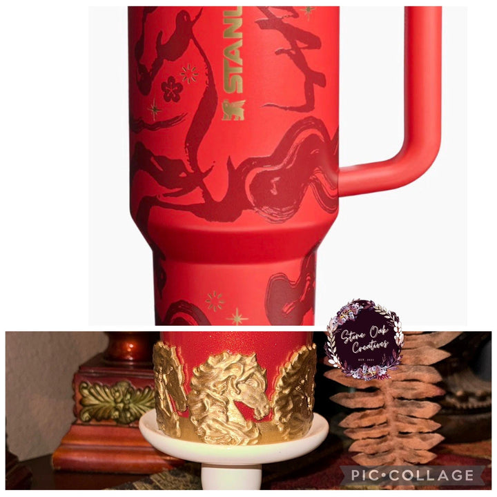 Red Stallion Horse Tumbler Boot, lid topper or straw topper, Red Gold Lunar New Year Cup Sleeve, fits your Stanley, Unique Gift