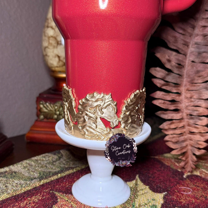 Red Stallion Horse Tumbler Boot, lid topper or straw topper, Red Gold Lunar New Year Cup Sleeve, fits your Stanley, Unique Gift