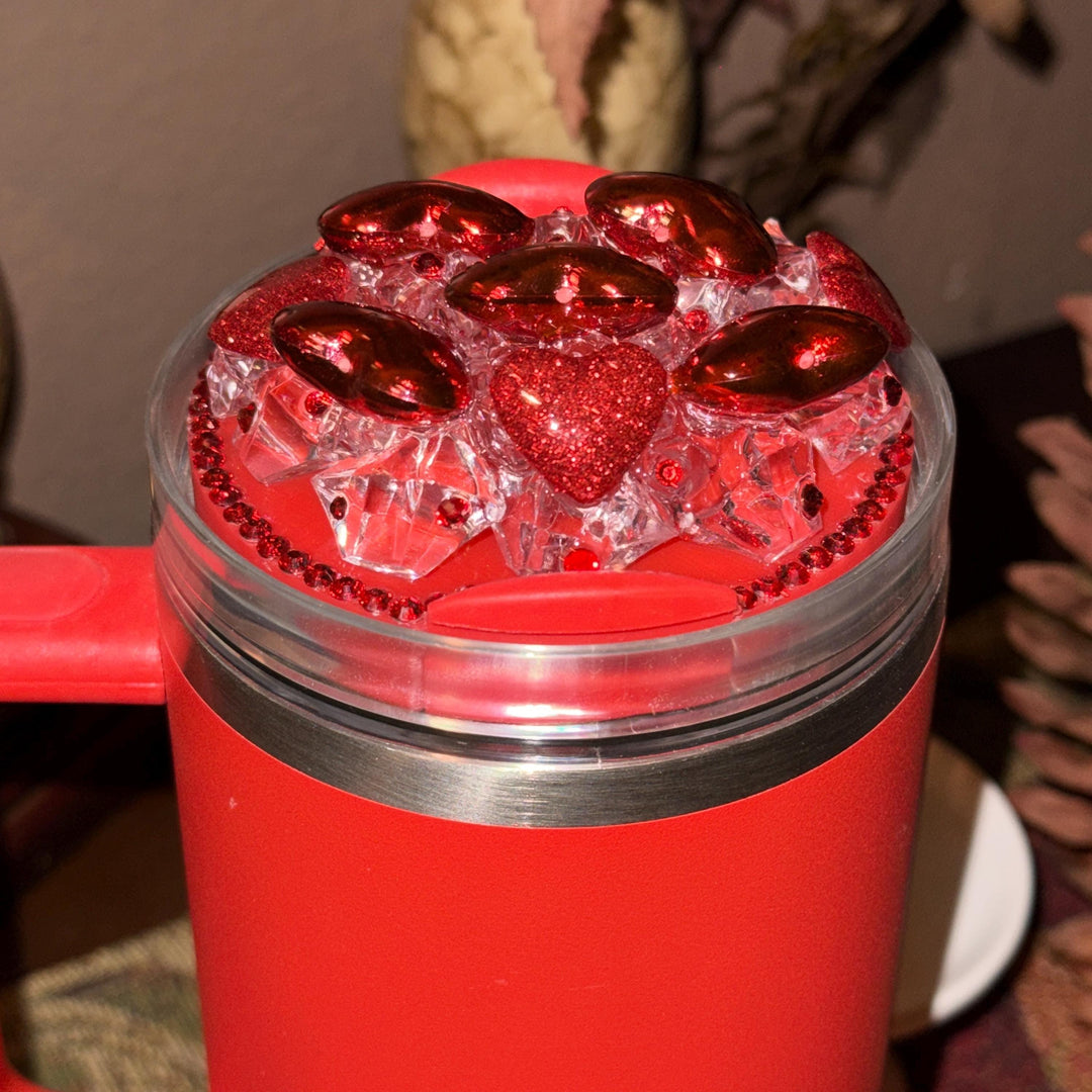 Valentine's Tumbler Topper, Valentines Tumbler Topper, Glitter Hearts Topper, 3D Decorative Lid - Ice Topper Lid, unique gift