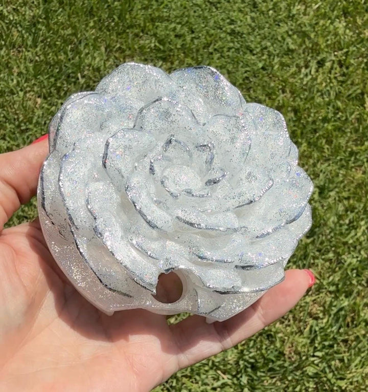 Stunning Translucent Peony with Holograohic Glitter and Silver Tips Tumbler Topper, fits Stanley quencher lids