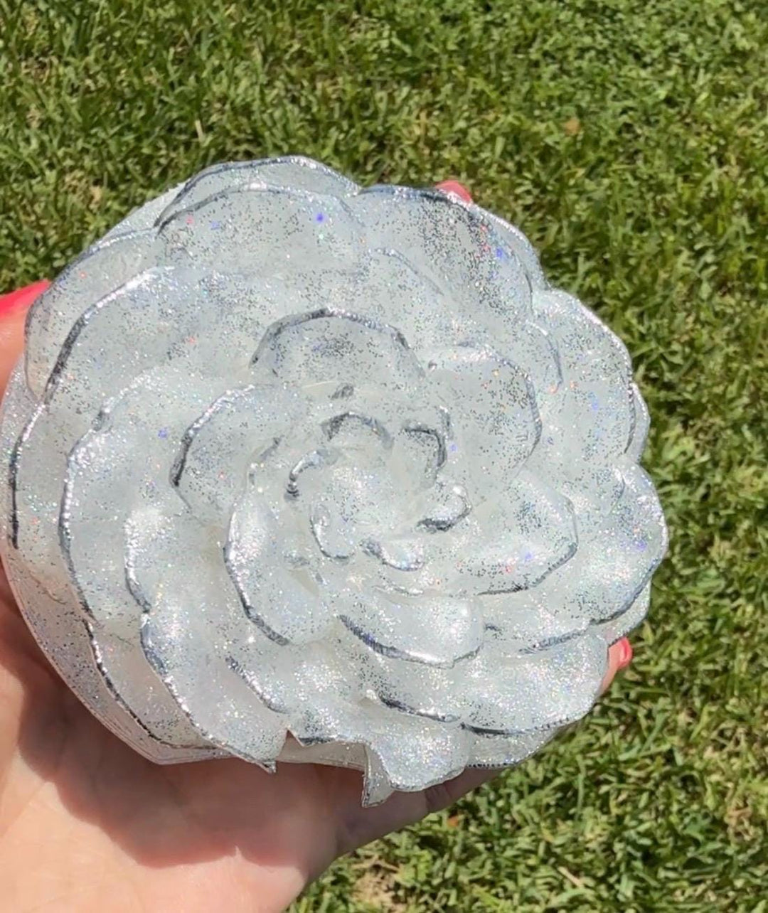 Stunning Translucent Peony with Holograohic Glitter and Silver Tips Tumbler Topper, fits Stanley quencher lids