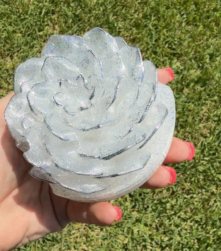 Stunning Translucent Peony with Holograohic Glitter and Silver Tips Tumbler Topper, fits Stanley quencher lids