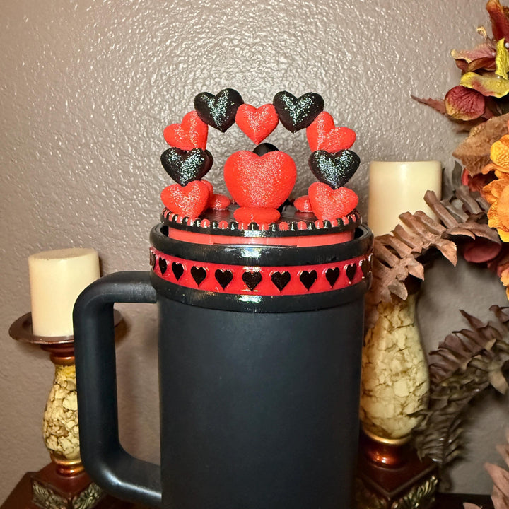 Black and Red Valentine Heart Tumbler Boot and Topper, Fit’s 20 30 and 40 oz Stanley Tumblers and others, Quencher and Pro Tour, HOT SELLER