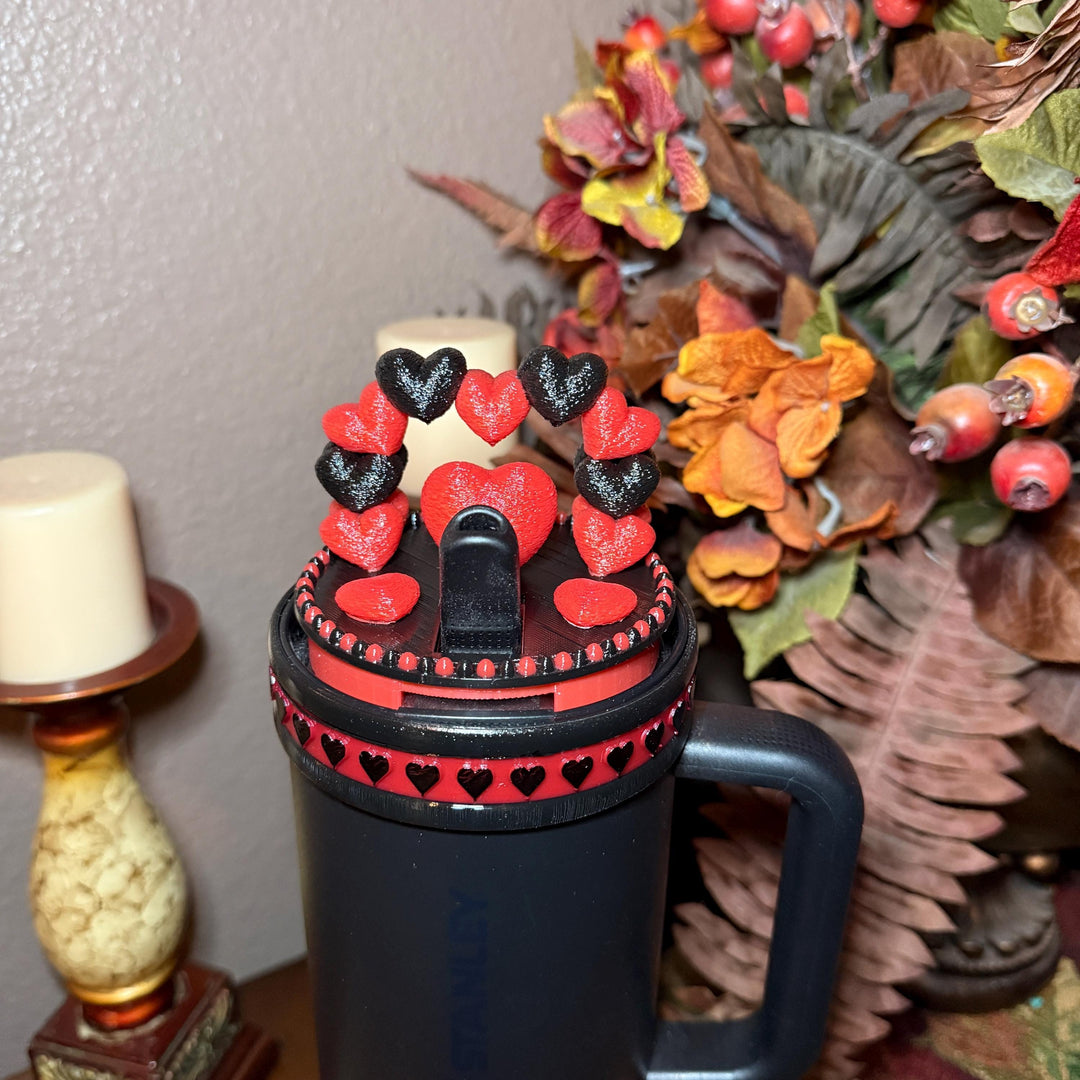 Black and Red Valentine Heart Tumbler Boot and Topper, Fit’s 20 30 and 40 oz Stanley Tumblers and others, Quencher and Pro Tour, HOT SELLER