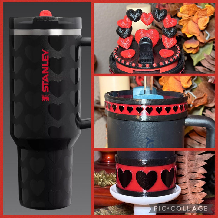 Black and Red Valentine Heart Tumbler Boot and Topper, Fit’s 20 30 and 40 oz Stanley Tumblers and others, Quencher and Pro Tour, HOT SELLER