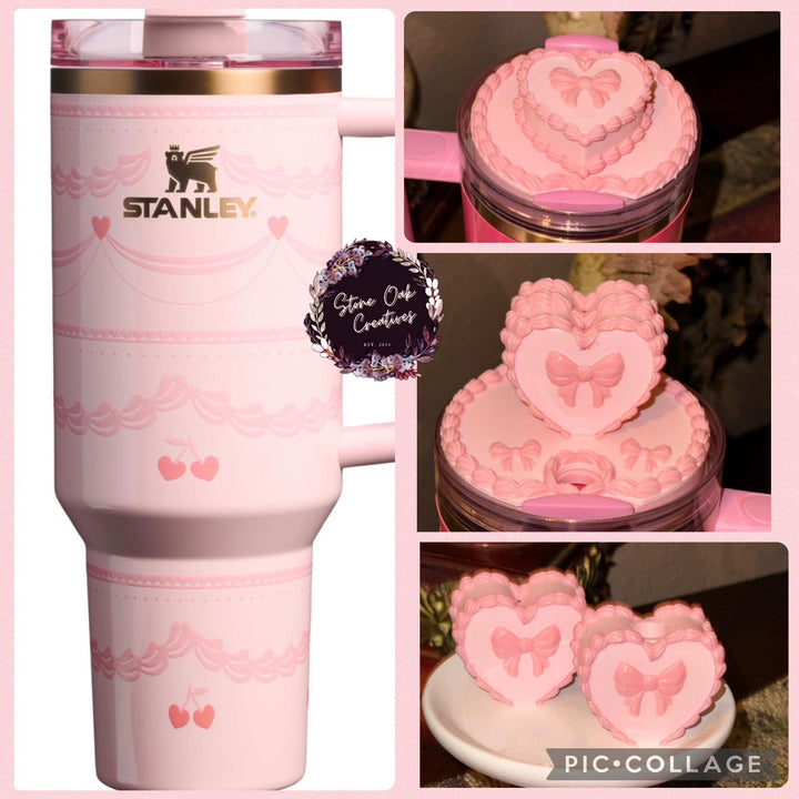 Pink Velvet Valentine Cake Heart Tumbler Lid Toppers, Straw Topper Slider Buddy, fits 20 30 or 40 oz Stanley