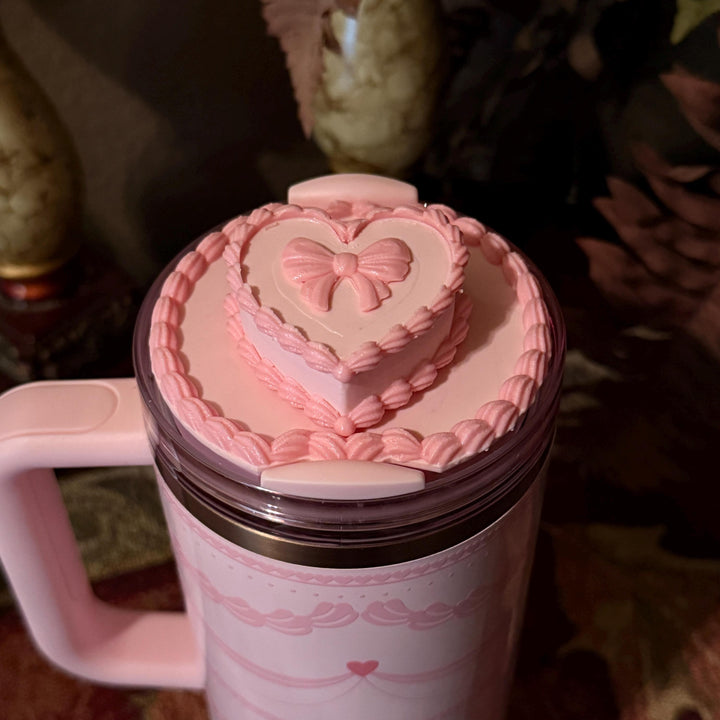 Pink Velvet Valentine Cake Heart Tumbler Lid Toppers, Straw Topper Slider Buddy, fits 20 30 or 40 oz Stanley