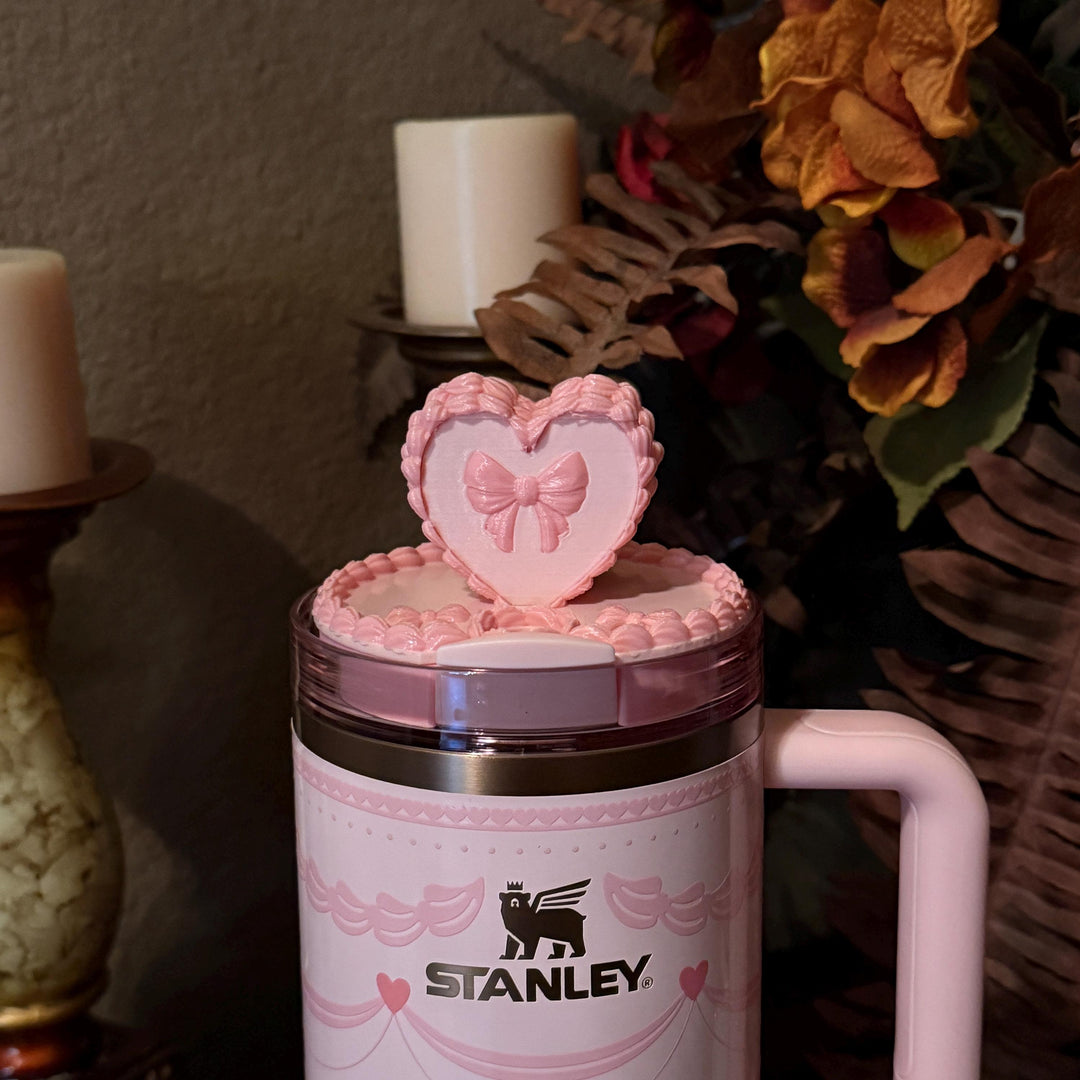 Pink Velvet Valentine Cake Heart Tumbler Lid Toppers, Straw Topper Slider Buddy, fits 20 30 or 40 oz Stanley