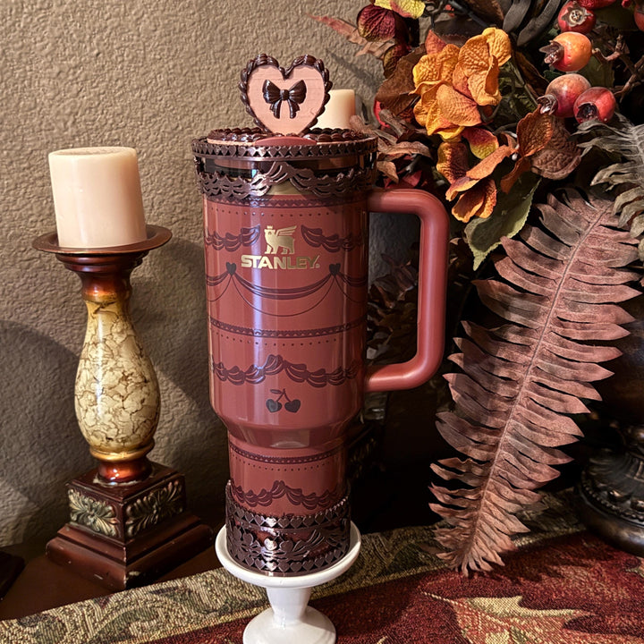 Red Velvet Valentine Cake Heart Tumbler Boot, Halo, Lid Toppers, Straw Topper Slider Buddy, Protective Sleeve, fits 20 30 or 40 oz Stanley