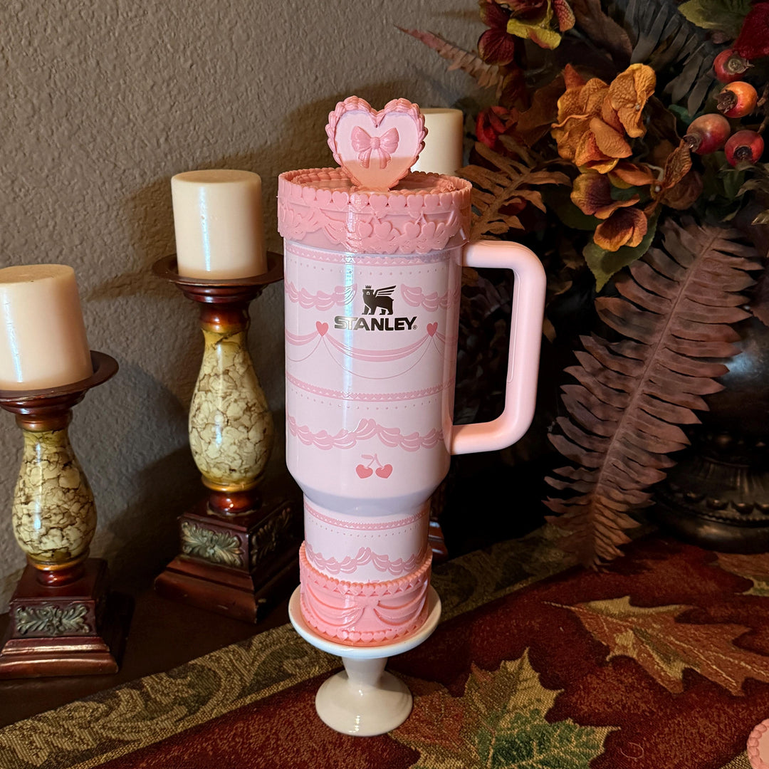 Pink Velvet Valentine Cake Heart Tumbler Lid Toppers, Straw Topper Slider Buddy, fits 20 30 or 40 oz Stanley