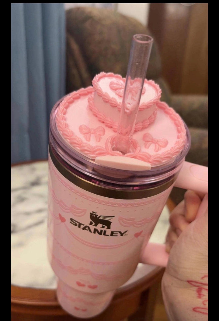 Pink Velvet Valentine Cake Heart Tumbler Lid Toppers, Straw Topper Slider Buddy, fits 20 30 or 40 oz Stanley