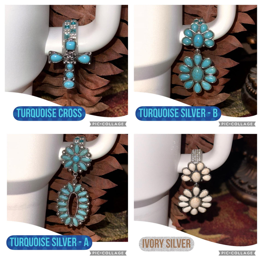 Turquoise Tumbler Handle Charms for Stanley Tumblers, Country Jewelry Cross Squash Blossom, Unique Stanley Accessories Gift