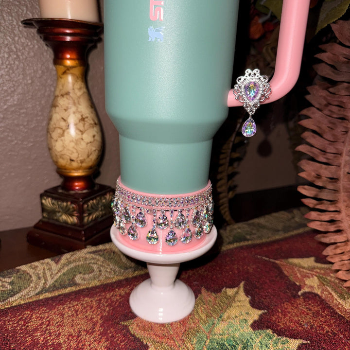 Spring Pink Iridescent Rhinestone Princess Accessories for Stanley tumblers, Princess Crown Topper Bling Bangle Band or rose topper
