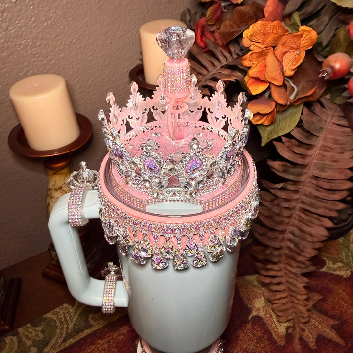 Spring Pink Iridescent Rhinestone Princess Accessories for Stanley tumblers, Princess Crown Topper Bling Bangle Band or rose topper
