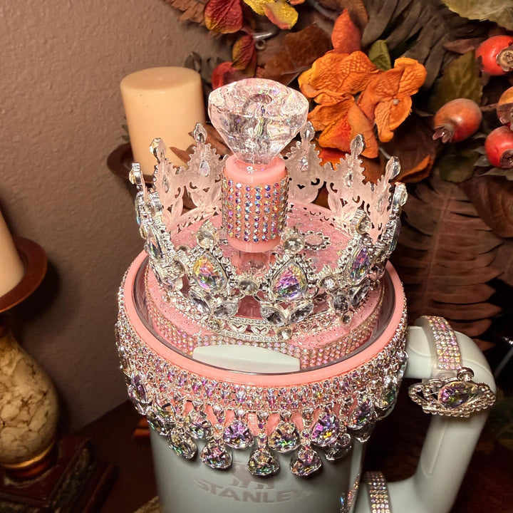 Spring Pink Iridescent Rhinestone Princess Accessories for Stanley tumblers, Princess Crown Topper Bling Bangle Band or rose topper