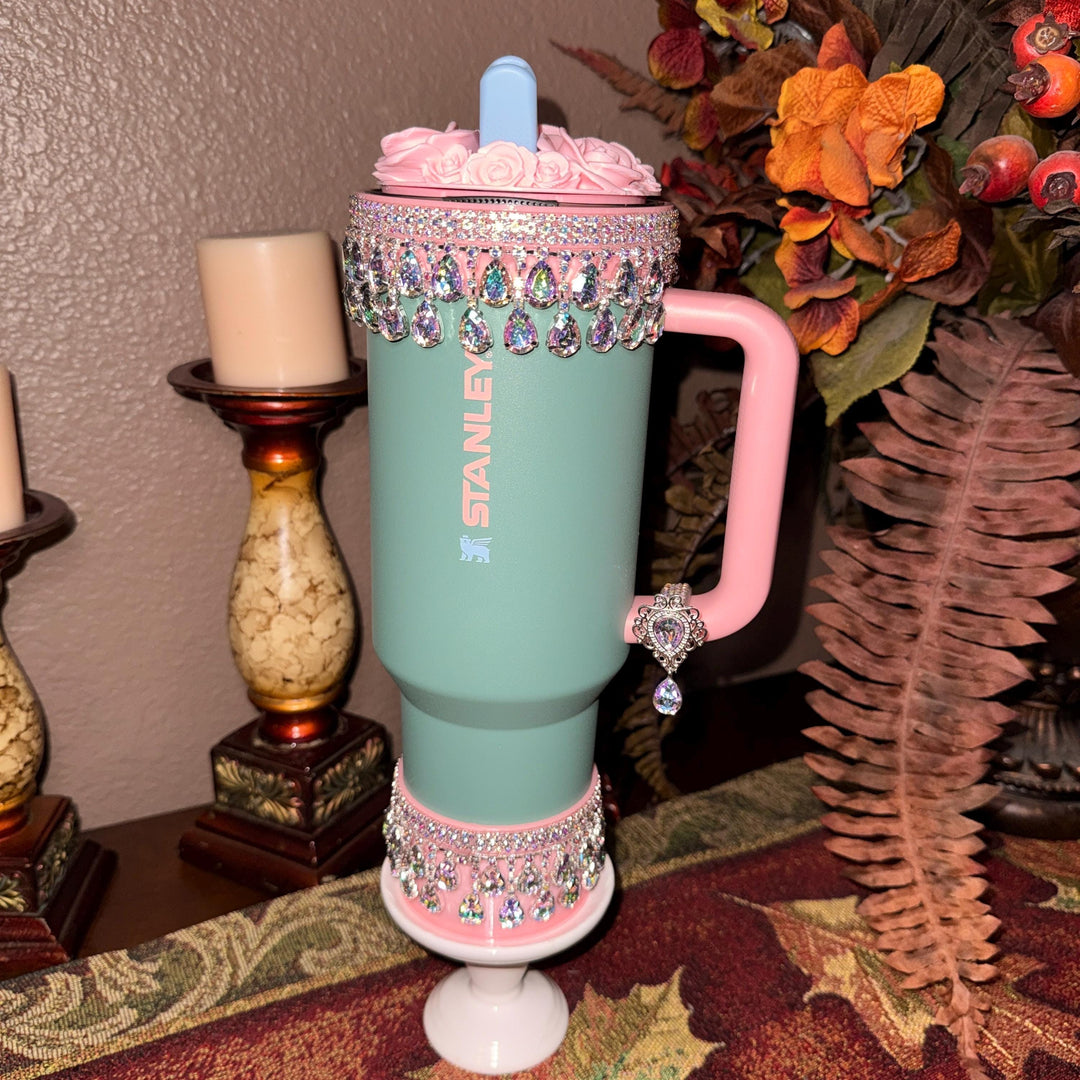 Spring Pink Iridescent Rhinestone Princess Accessories for Stanley tumblers, Princess Crown Topper Bling Bangle Band or rose topper