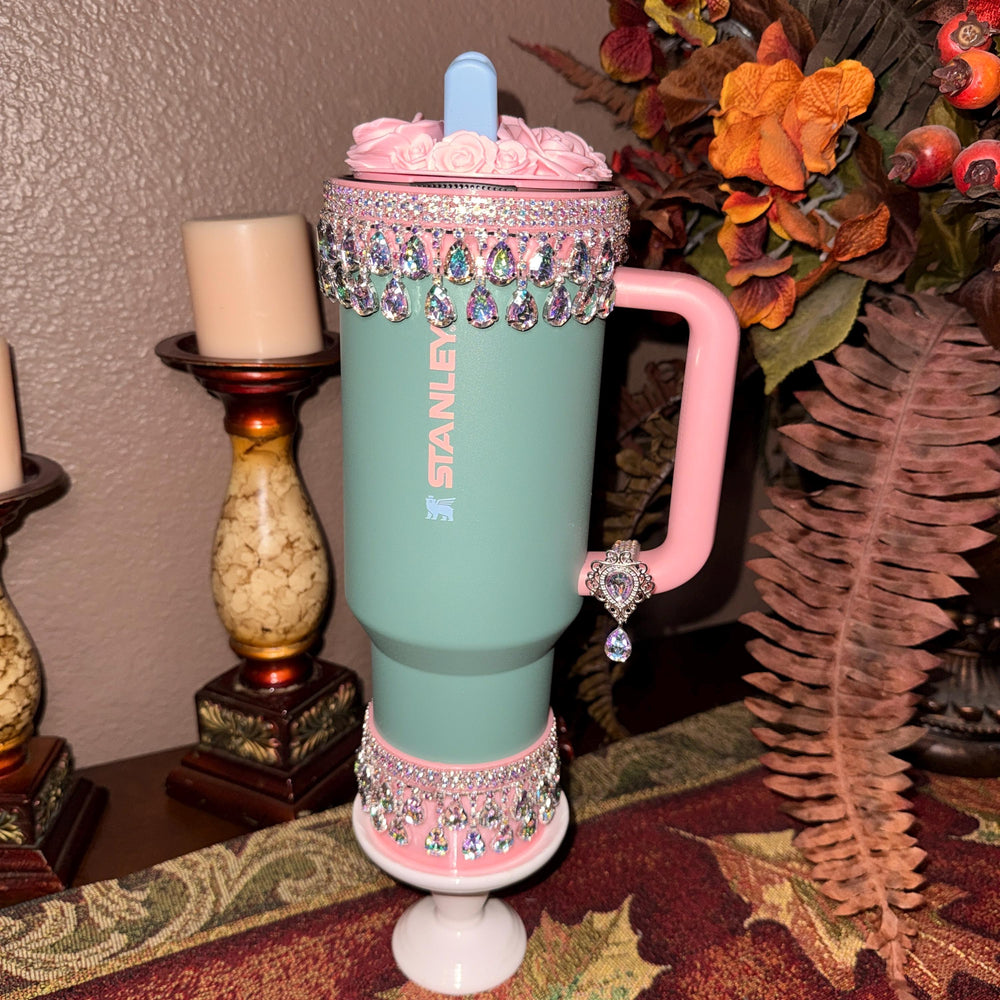 Spring Pink Iridescent Rhinestone Princess Accessories for Stanley tumblers, Princess Crown Topper Bling Bangle Band or rose topper