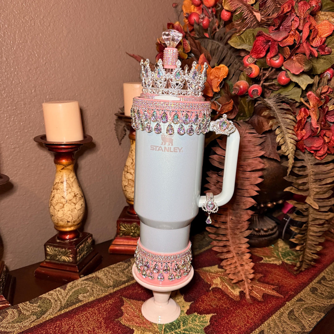 Spring Pink Iridescent Rhinestone Princess Accessories for Stanley tumblers, Princess Crown Topper Bling Bangle Band or rose topper