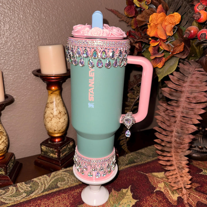 Spring Pink Iridescent Rhinestone Princess Accessories for Stanley tumblers, Princess Crown Topper Bling Bangle Band or rose topper