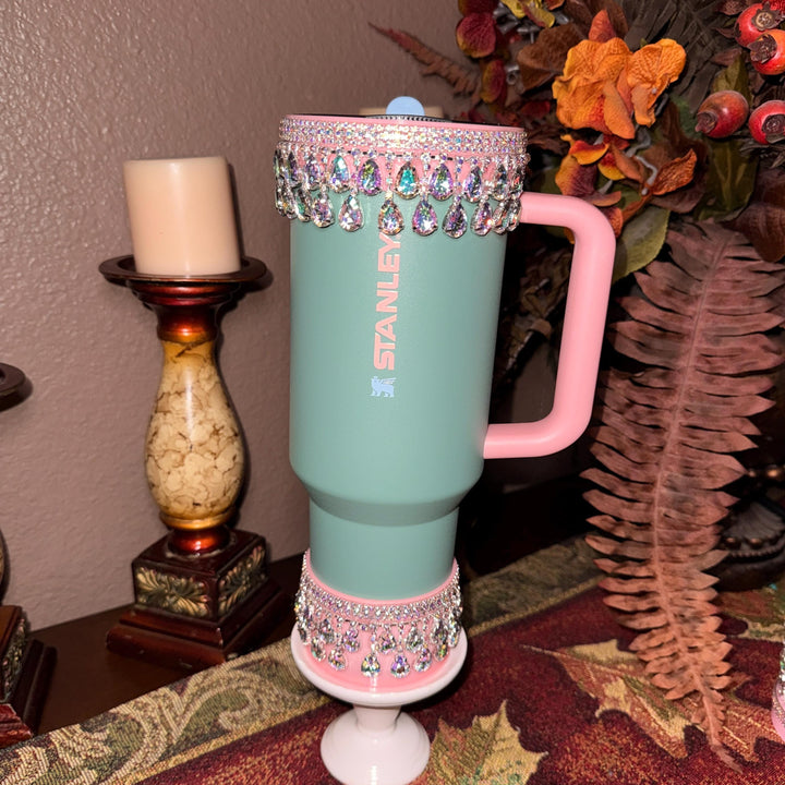 Spring Pink Iridescent Rhinestone Princess Accessories for Stanley tumblers, Princess Crown Topper Bling Bangle Band or rose topper