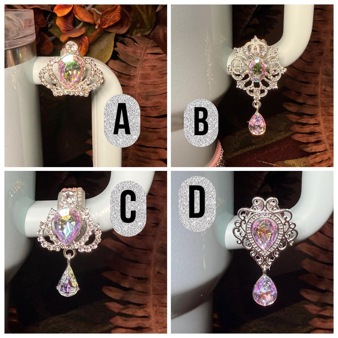 Spring Pink Iridescent Rhinestone Princess Accessories for Stanley tumblers, Princess Crown Topper Bling Bangle Band or rose topper