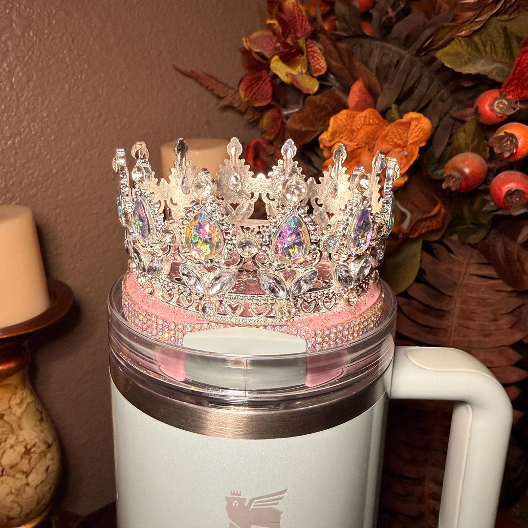 Spring Pink Iridescent Rhinestone Princess Accessories for Stanley tumblers, Princess Crown Topper Bling Bangle Band or rose topper