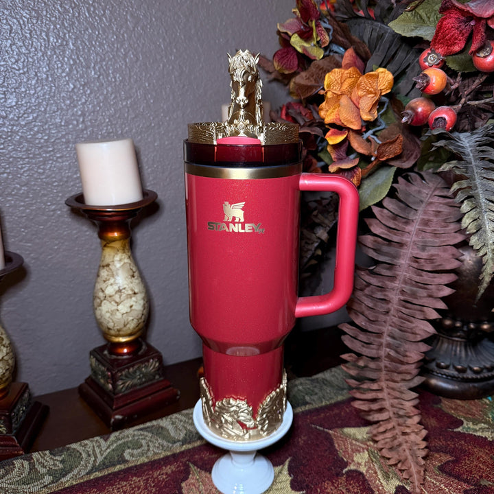 Red Stallion Horse Tumbler Boot, lid topper or straw topper, Red Gold Lunar New Year Cup Sleeve, fits your Stanley, Unique Gift