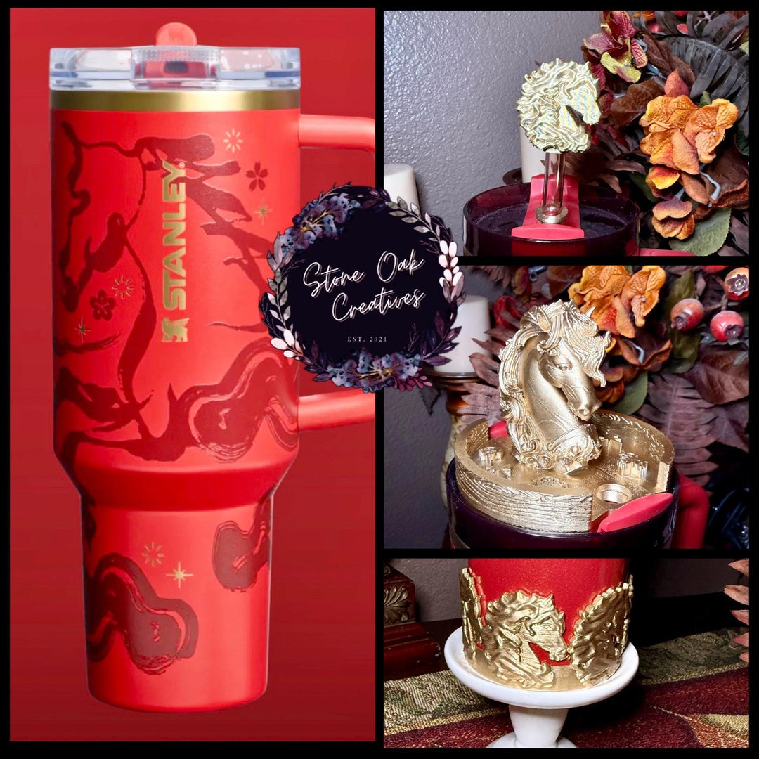Red Stallion Horse Tumbler Boot, lid topper or straw topper, Red Gold Lunar New Year Cup Sleeve, fits your Stanley, Unique Gift