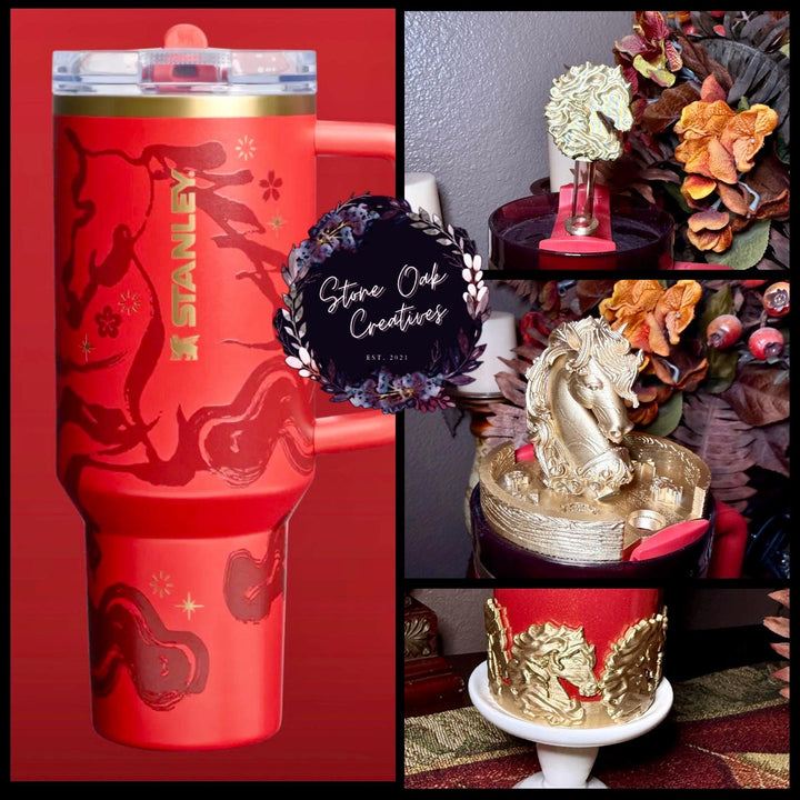 Red Stallion Horse Tumbler Boot, lid topper or straw topper, Red Gold Lunar New Year Cup Sleeve, fits your Stanley, Unique Gift
