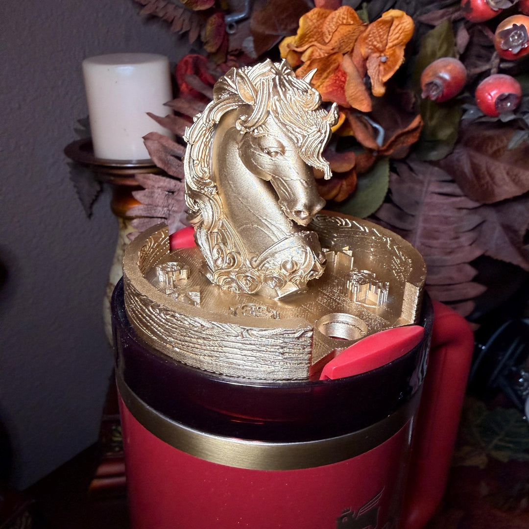 Red Stallion Horse Tumbler Boot, lid topper or straw topper, Red Gold Lunar New Year Cup Sleeve, fits your Stanley, Unique Gift