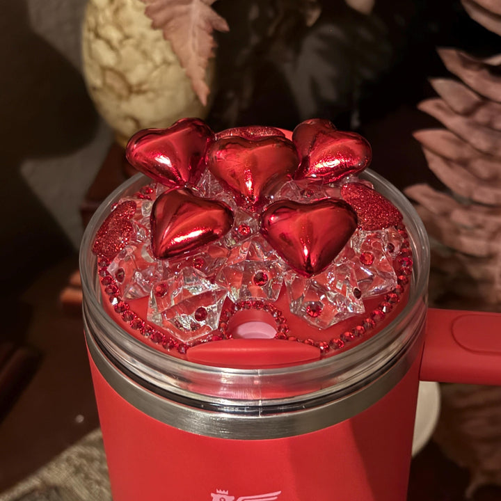 Valentine's Tumbler Topper, Valentines Tumbler Topper, Glitter Hearts Topper, 3D Decorative Lid - Ice Topper Lid, unique gift