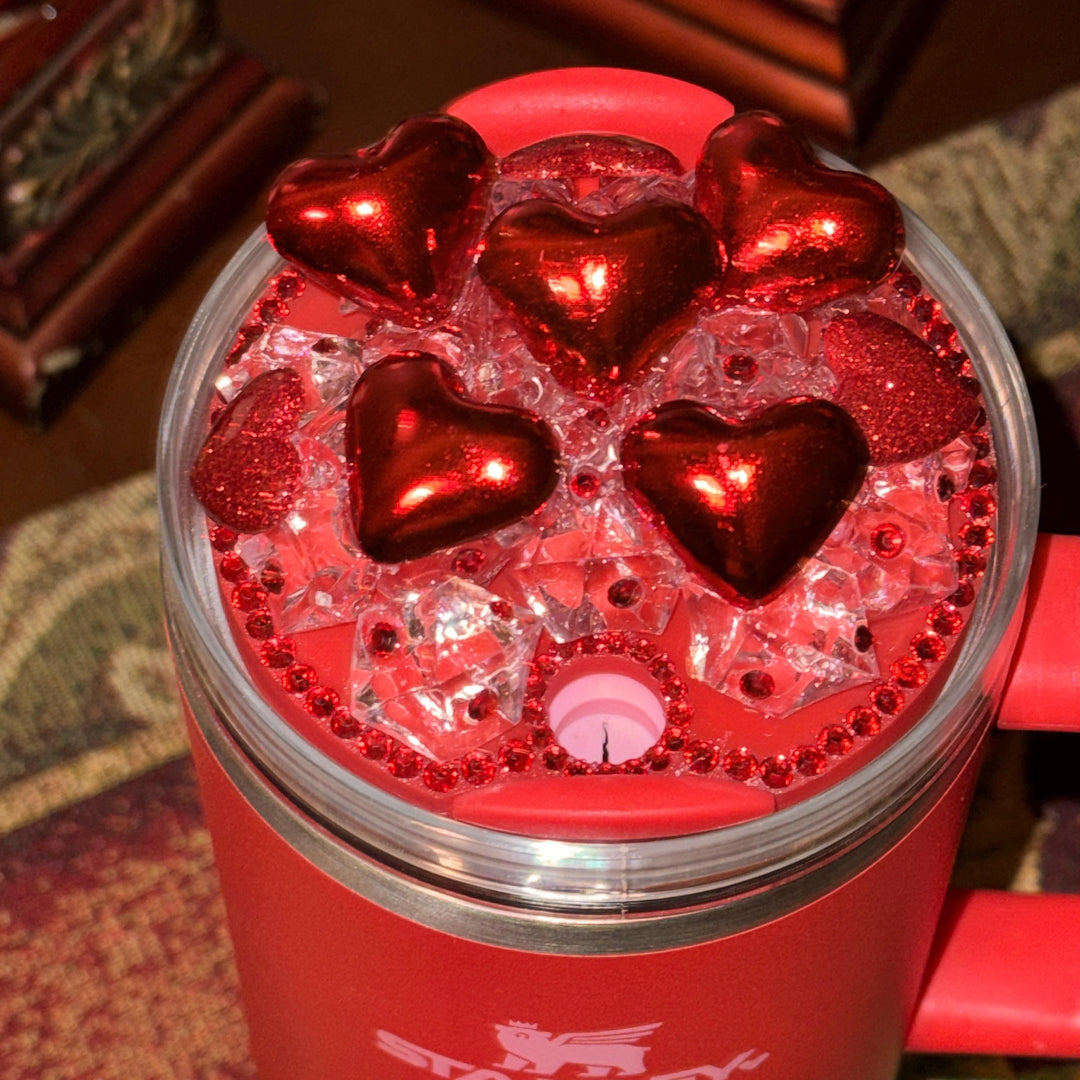 Valentine's Tumbler Topper, Valentines Tumbler Topper, Glitter Hearts Topper, 3D Decorative Lid - Ice Topper Lid, unique gift