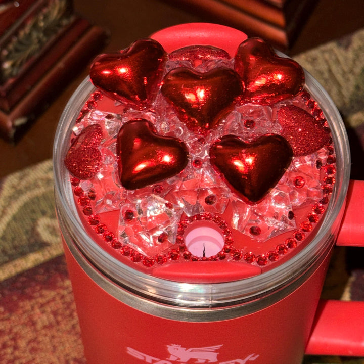 Valentine's Tumbler Topper, Valentines Tumbler Topper, Glitter Hearts Topper, 3D Decorative Lid - Ice Topper Lid, unique gift