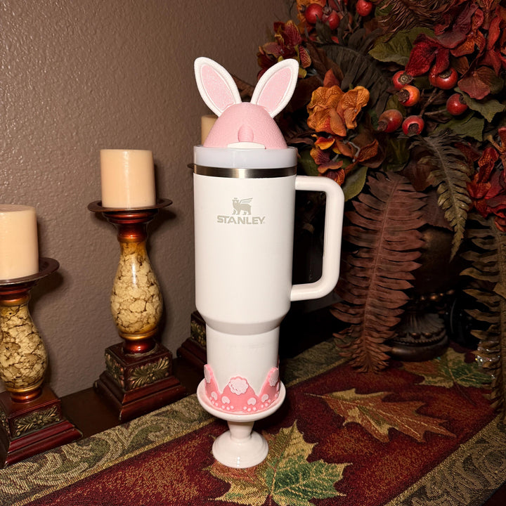 Easter Bunny Ears Spring tumbler lid topper, pink white, Stanley accessories, 3D Decorative Lid Attachment, unique gift
