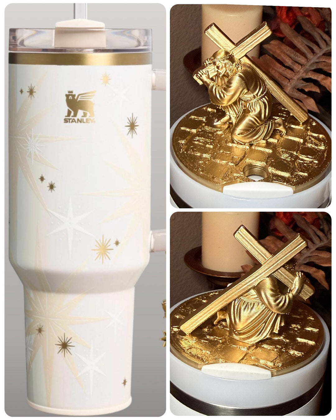 Gold Jesus carrying a crucifix Tumbler lid topper, Cross boot and church boot, Stanley Tumbler Accessories, Starlight Shimmer