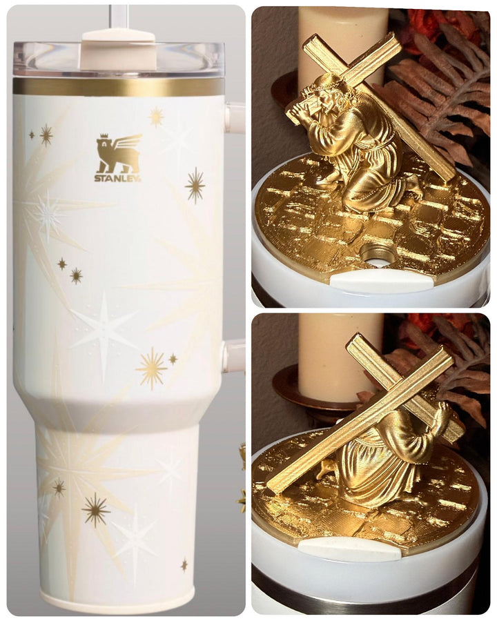 Gold Jesus carrying a crucifix Tumbler lid topper, Cross boot and church boot, Stanley Tumbler Accessories, Starlight Shimmer