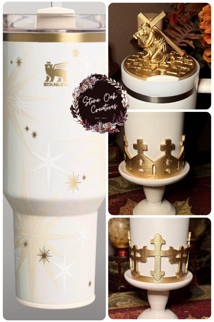 Gold Jesus carrying a crucifix Tumbler lid topper, Cross boot and church boot, Stanley Tumbler Accessories, Starlight Shimmer