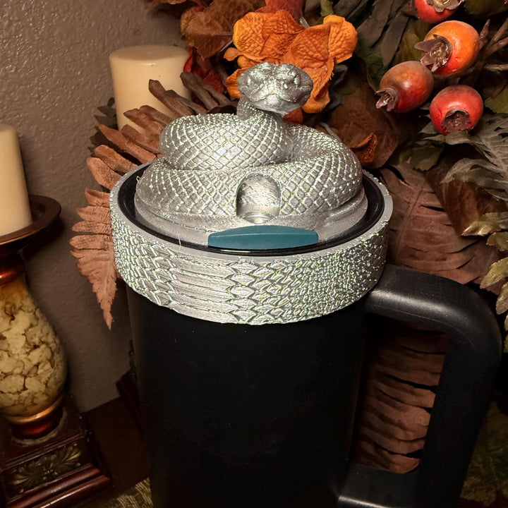 Silver Snake and Snakeskin Tumbler Accessories, boot, halo, lid topper, brown, unique trending gifts for Stanley 20 30 40 oz Luxe Collection