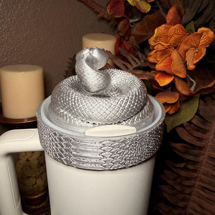 Silver Snake and Snakeskin Tumbler Accessories, boot, halo, lid topper, brown, unique trending gifts for Stanley 20 30 40 oz Luxe Collection