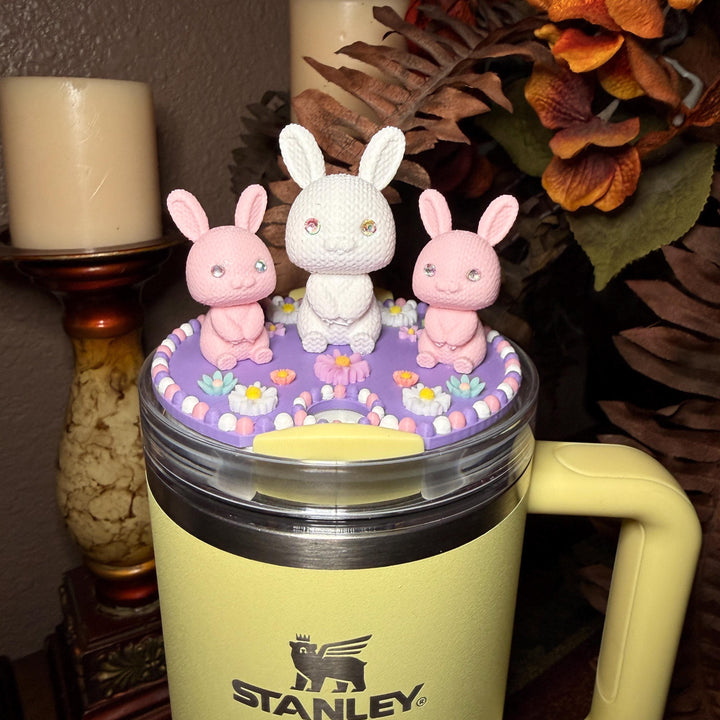Bunny and Flowers Tumbler Topper, Easter Spring, Flowers tumbler topper, 3D Decorative Lid Attachment, unique gift