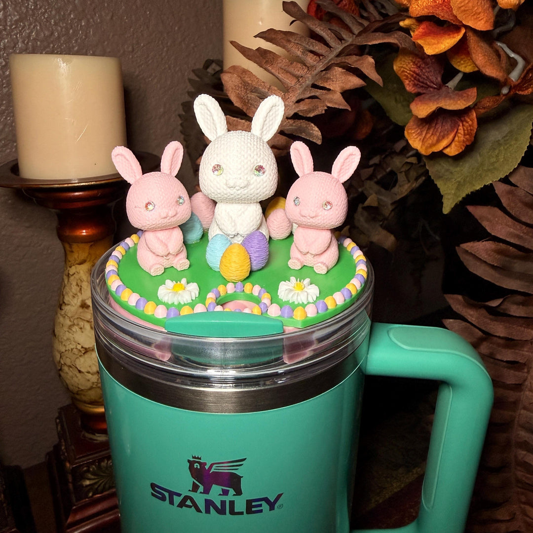 Bunny and Easter Eggs Tumbler Topper, Easter Spring, Flowers tumbler topper, 3D Decorative Lid Attachment, unique gift