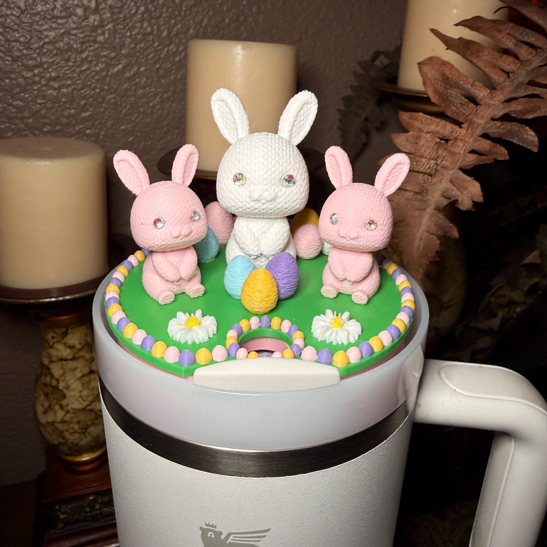 Bunny and Easter Eggs Tumbler Topper, Easter Spring, Flowers tumbler topper, 3D Decorative Lid Attachment, unique gift